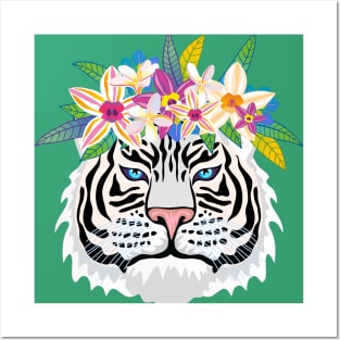 White Tiger with Exotic Flowers Posters and Art